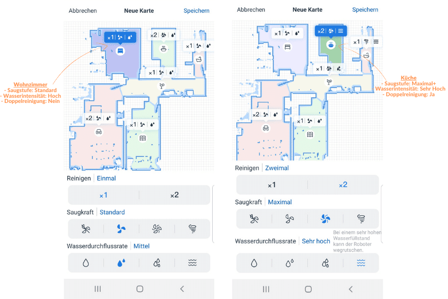 Die Saugstufe wird über die App für jeden Raum einzeln angepasst